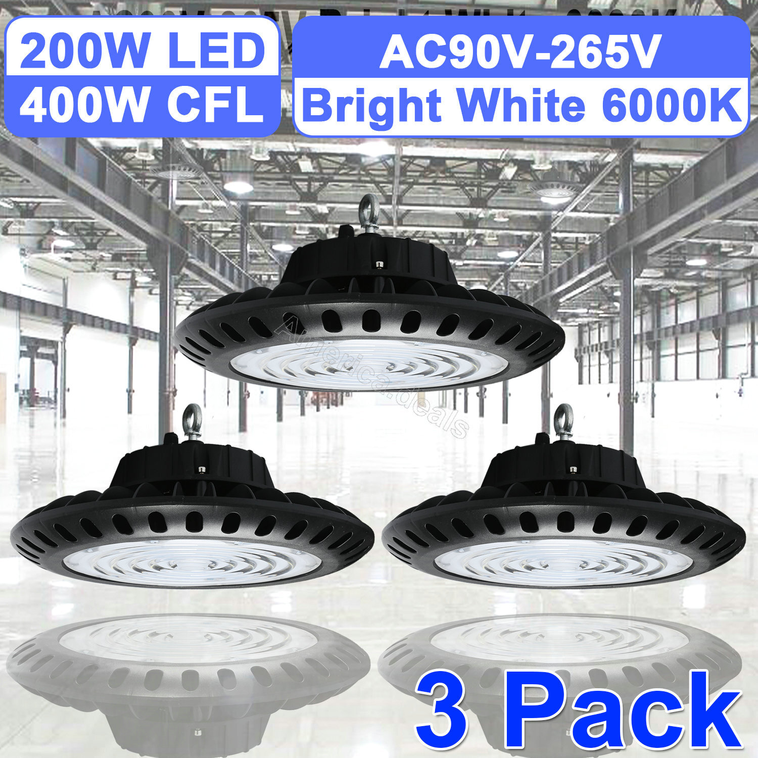 3 Pack 200W UFO Fixture High Bay LED for Supermarket Mall Garage Replace 400W
