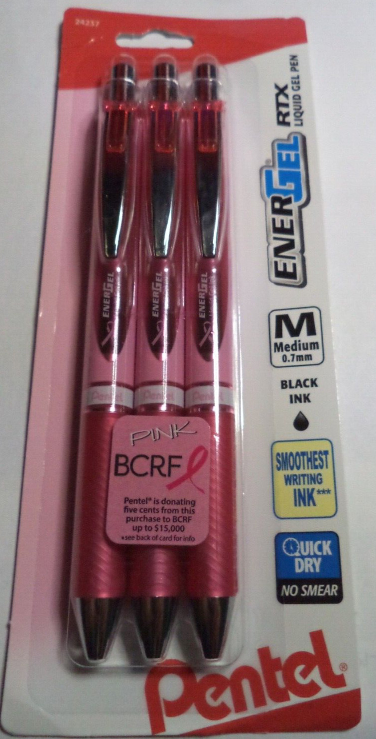 3 Pentel EnerGel RTX Gel Pens MEDIUM .7mm BLACK Ink LIQUID BCRF PEN CANCER PINK
