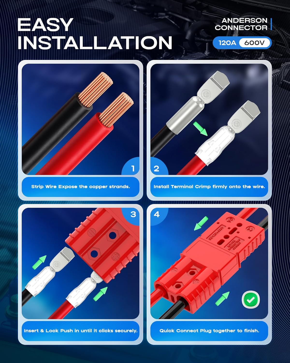 Anderson Connector 120A 600V Battery Quick Connect/Disconnect for 2-6 AWG Cables