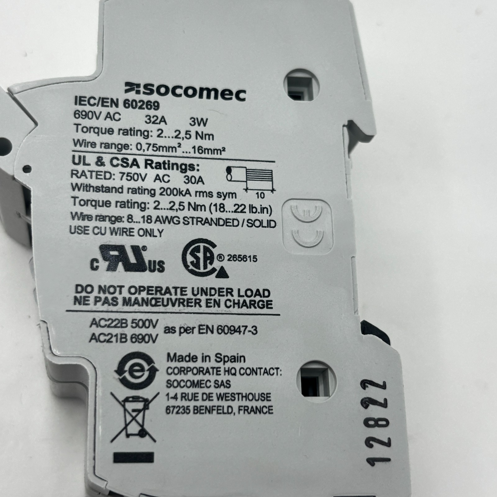 SOCOMEC Fuse Holders On Rail,RM32 32A 10X38 60269 57010020