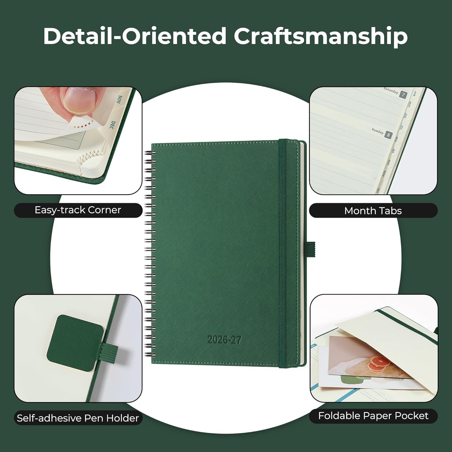 IN-LUXPRO 2026-2027 Green Vegan Leather Spiral Planner Agenda 8.5×6.5