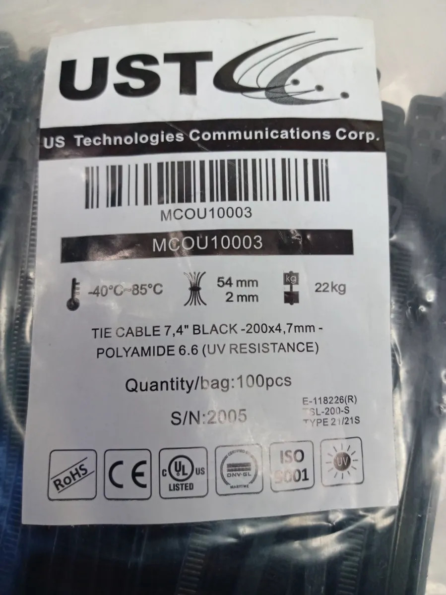 200 Strong Cable Wire Zip Ties 50lb Strength USTC Polyamide Black 8″ 188mm