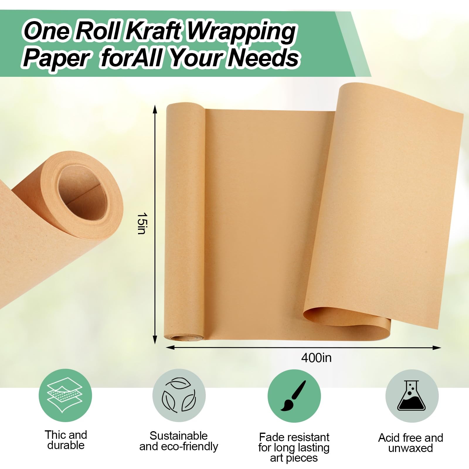 15″×400″ Brown Paper Roll, Wrapping Paper, 1 Count (Pack of 1),