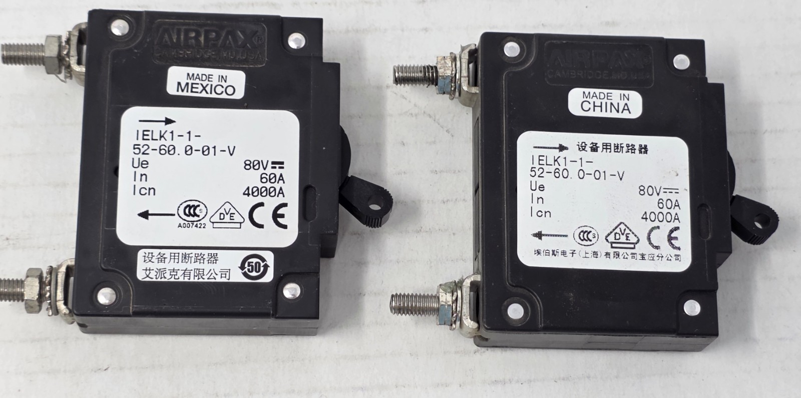 (Lot of 2) Airpax Magnetic Circuit Breaker 60A IELK1-1-52-60.0-01-V