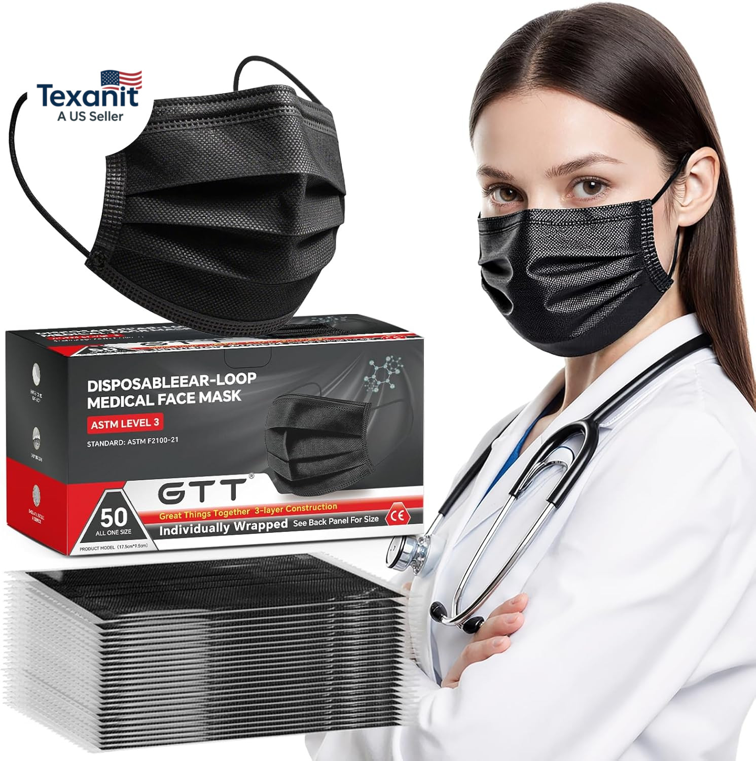 ASTM Level 3 Highly Protective Disposable 3 Ply Face Masks with Individual Packa