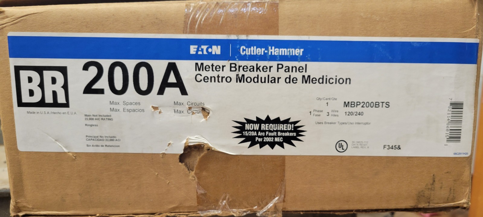 Eaton MBP200BTS Meter Breaker Panel Surface Mount 200A 120/240VAC 1PH 3W Type 3R