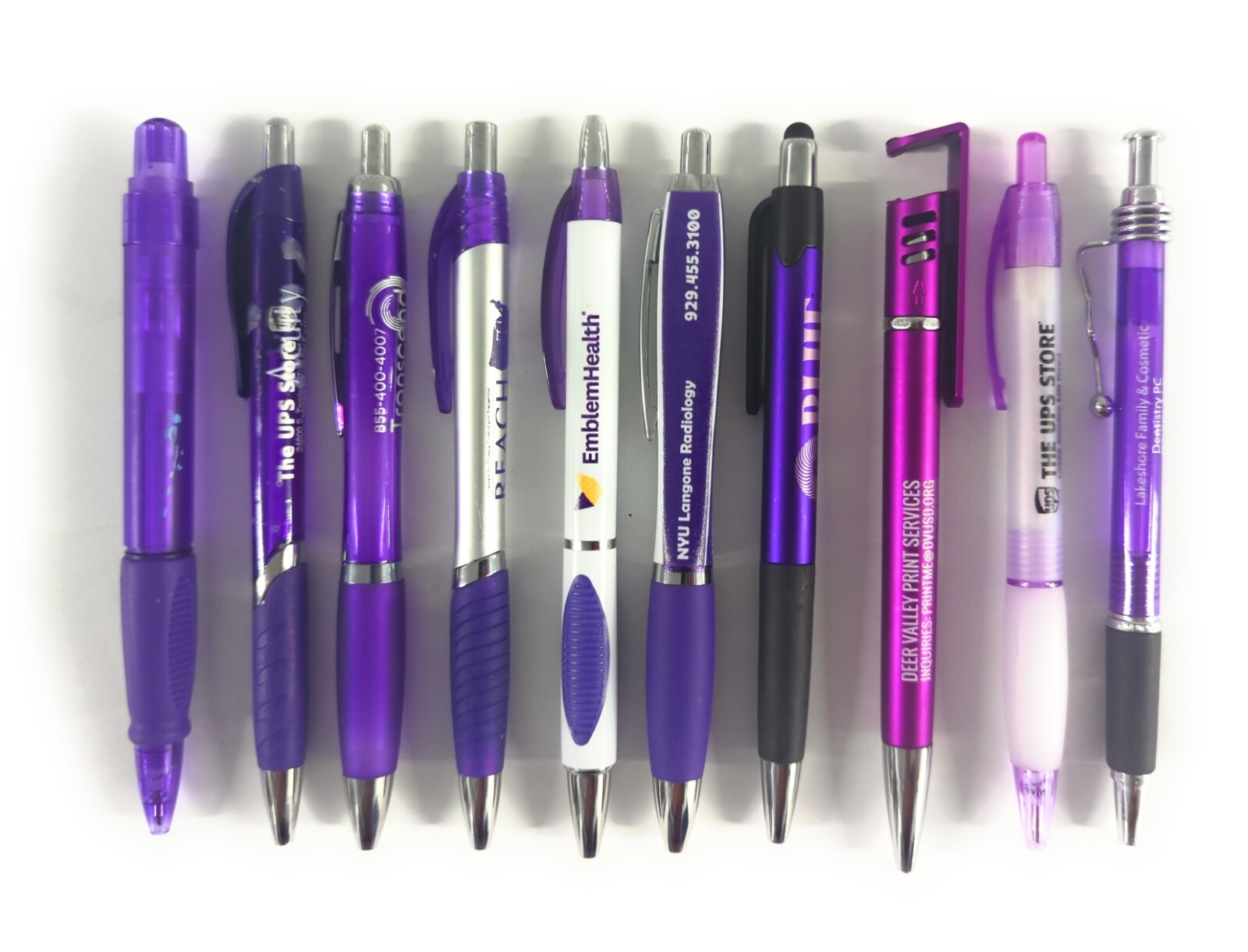10ct Mixed Lot Misprint Retractable Click Pens: PURPLE/ VIOLET/ LAVENDER/ PLUM