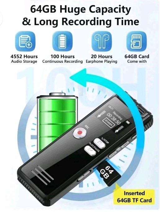 64GB Digital Recorder with Voice Activation – 4552 Hours for Lectures & Meetings