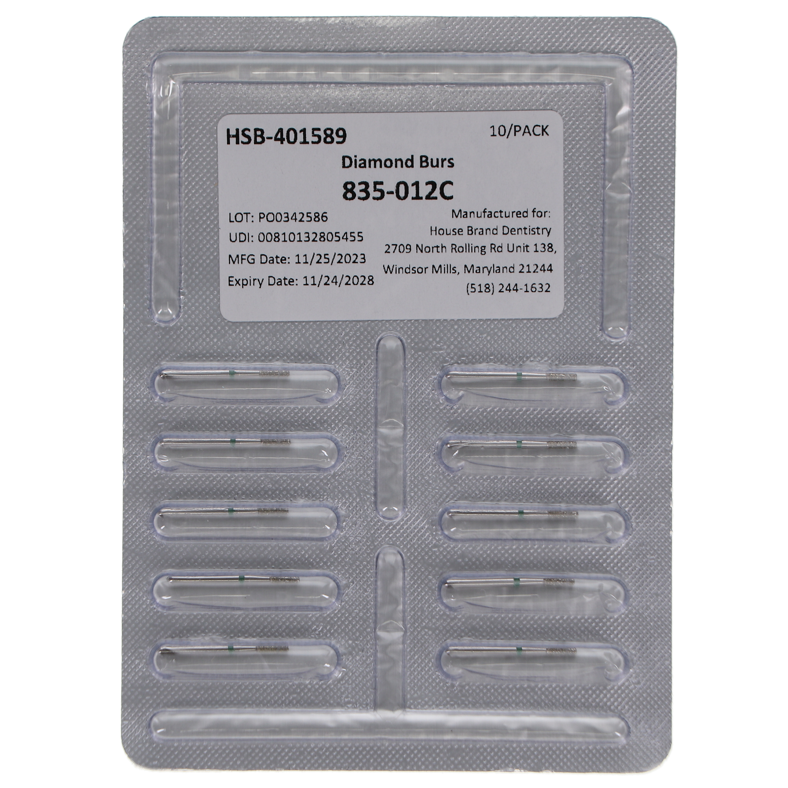 House Brand Dentistry 401589 FG 835-012C Flat Cylinder Coarse Diamond Burs 10/Pk