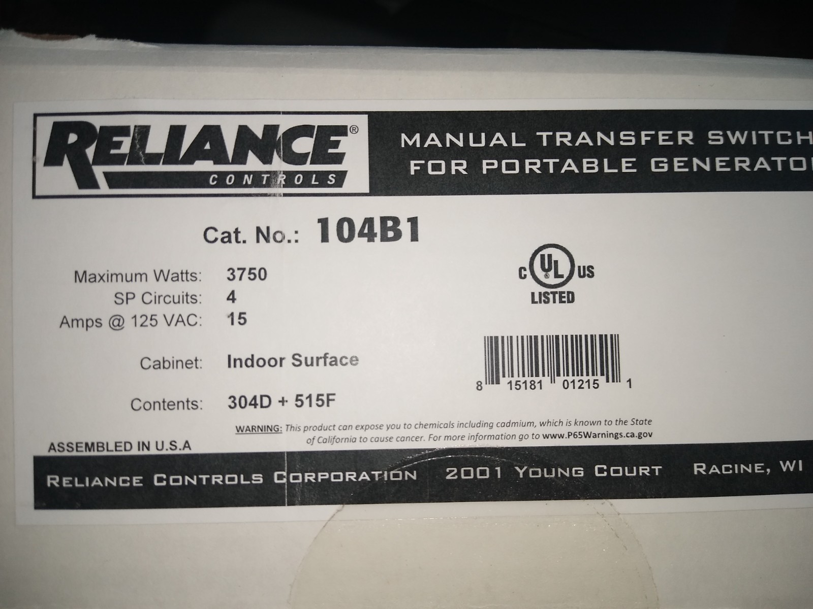 Reliance Controls manual transfer switch. Maximum Watts 3750, 4 curcuits,