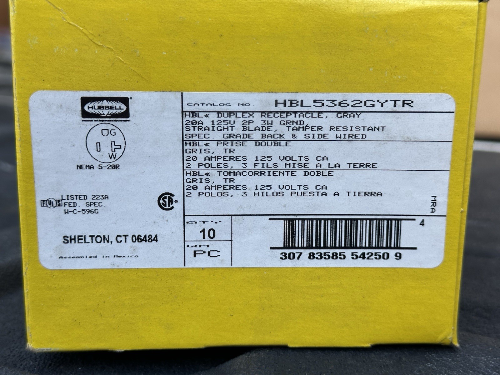 (10 Pack) Hubbell HBL 5362 GYTR Duplex Receptacle 125V 20A, 2-Pole/3-Wire