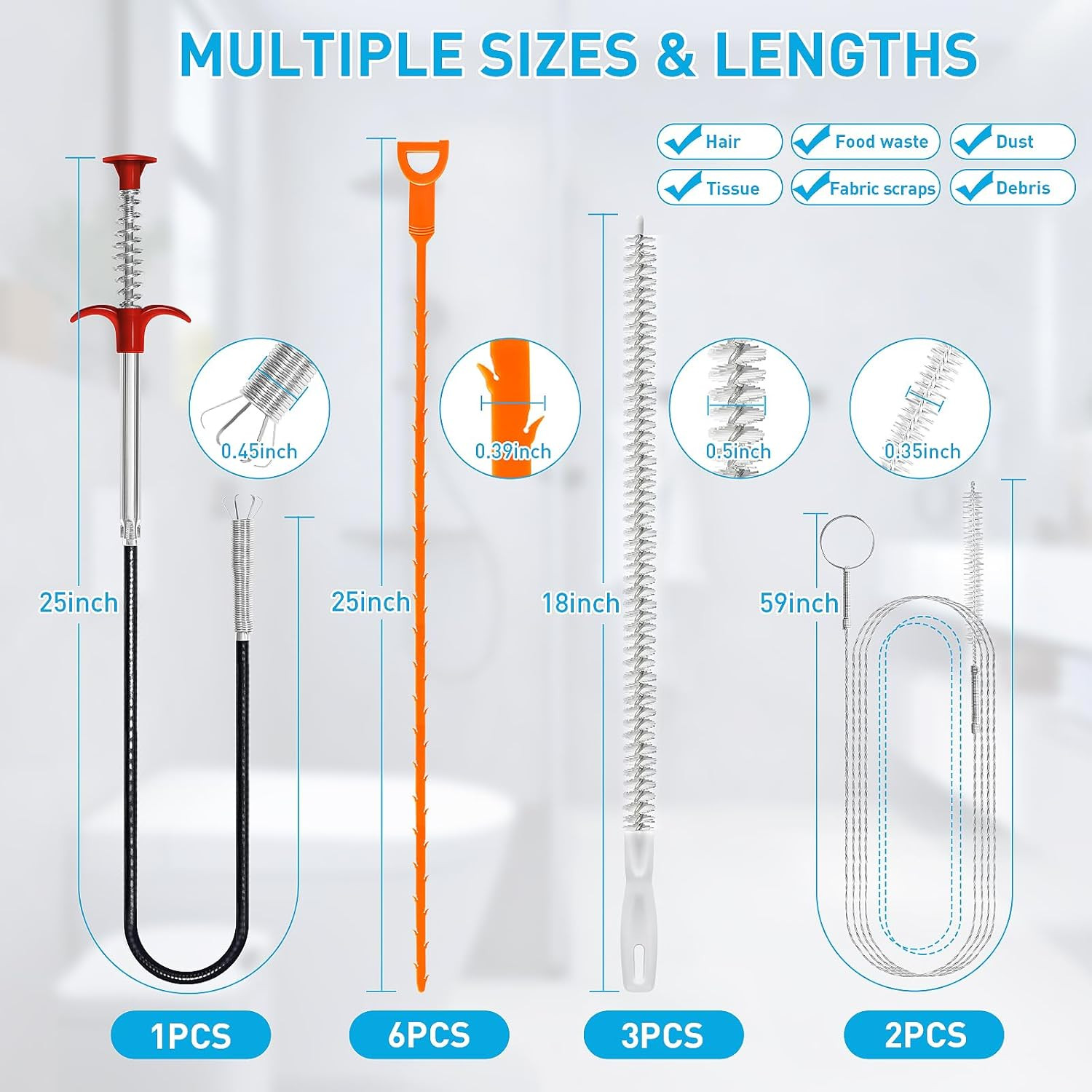 Drain Snake 12 Set: 25Inch Snake Drain Hair Removal Tool(1Pcs), 59Inch Cleaning