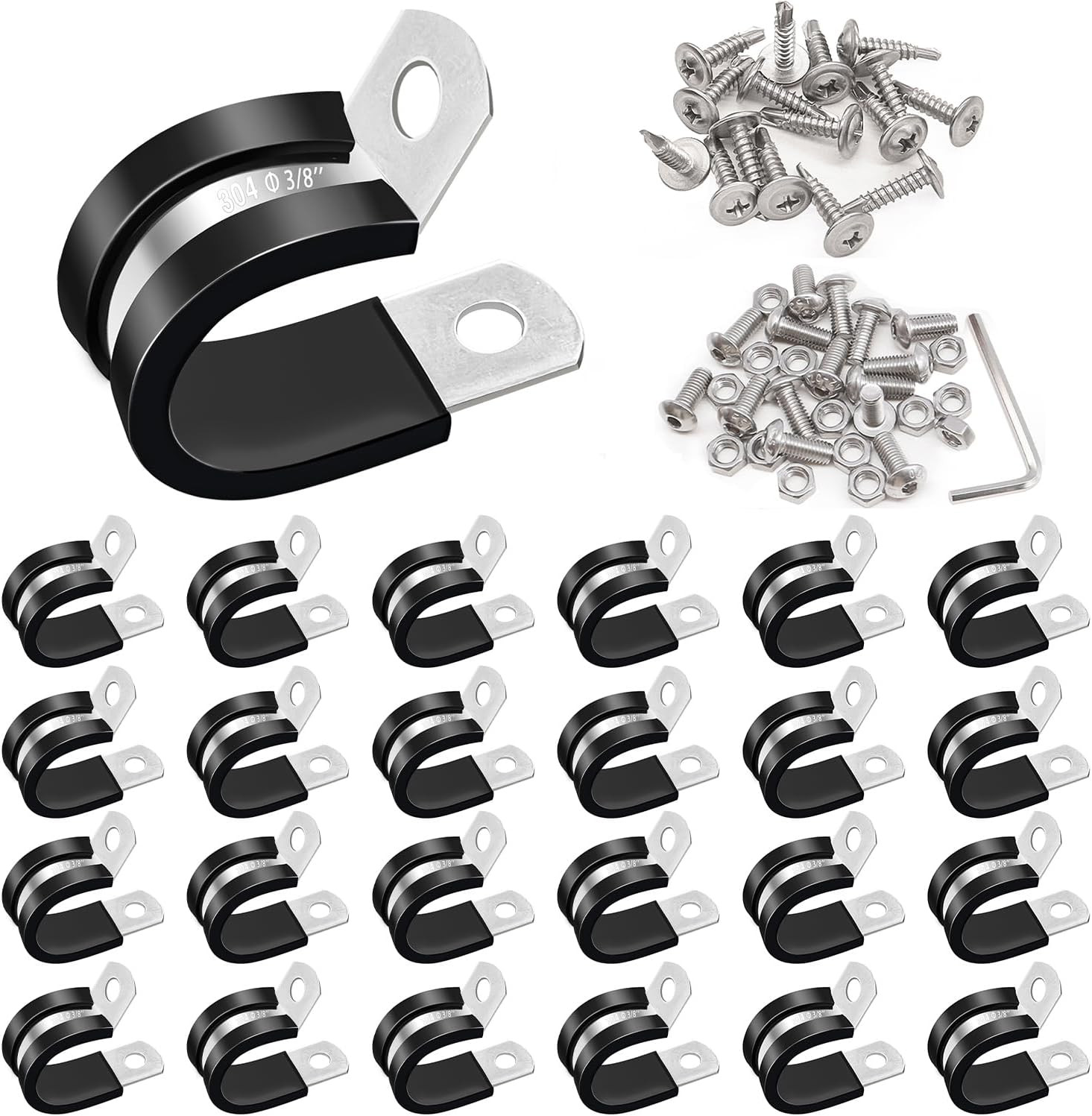 50PCS 3/8 Inch Cable Clamps 304 Stainless Steel Rubber Cushion Insulated Wire Cl