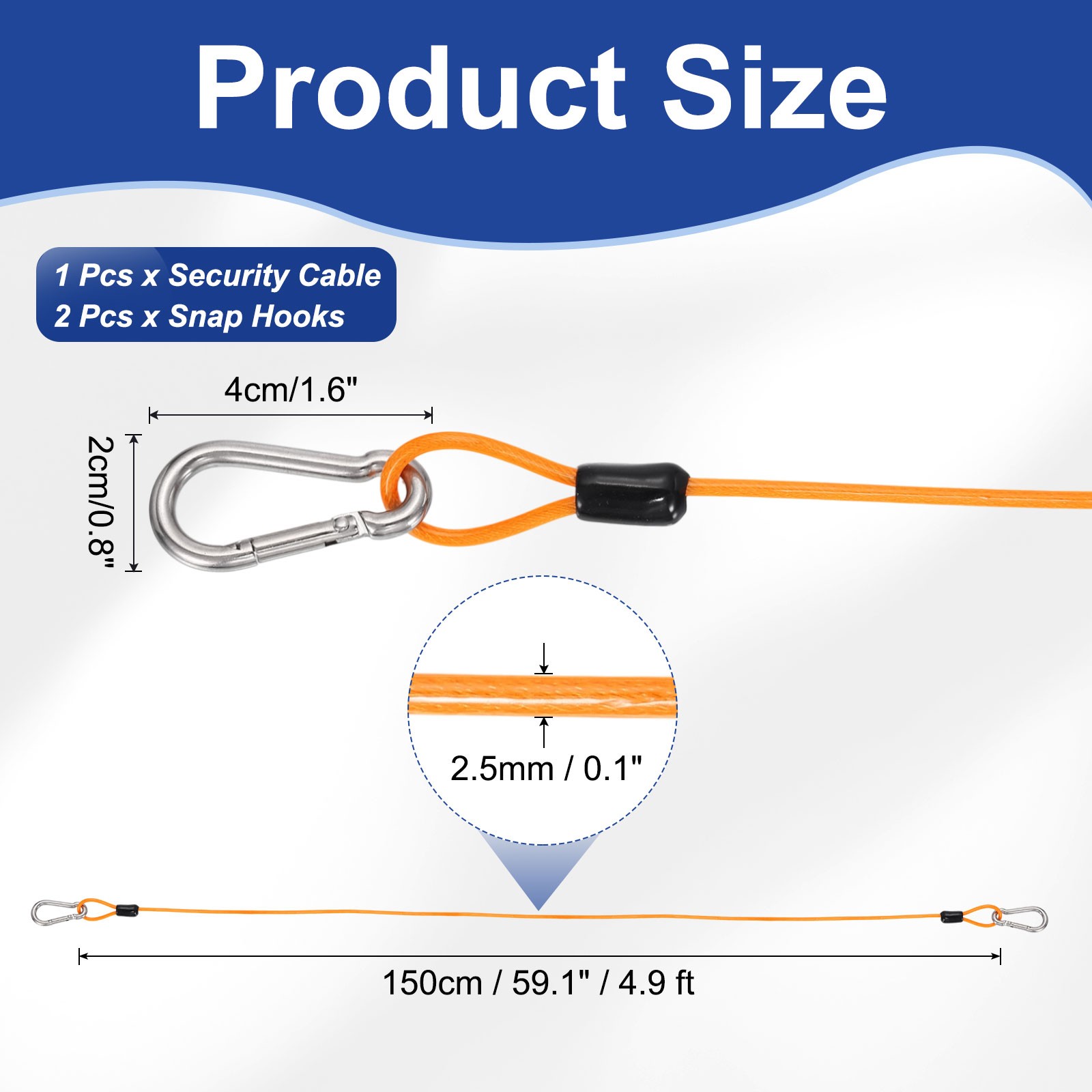 1Pcs 4.9ft (59.1″) Security Steel Cable with Snap Hook for Travel, Clear Orange