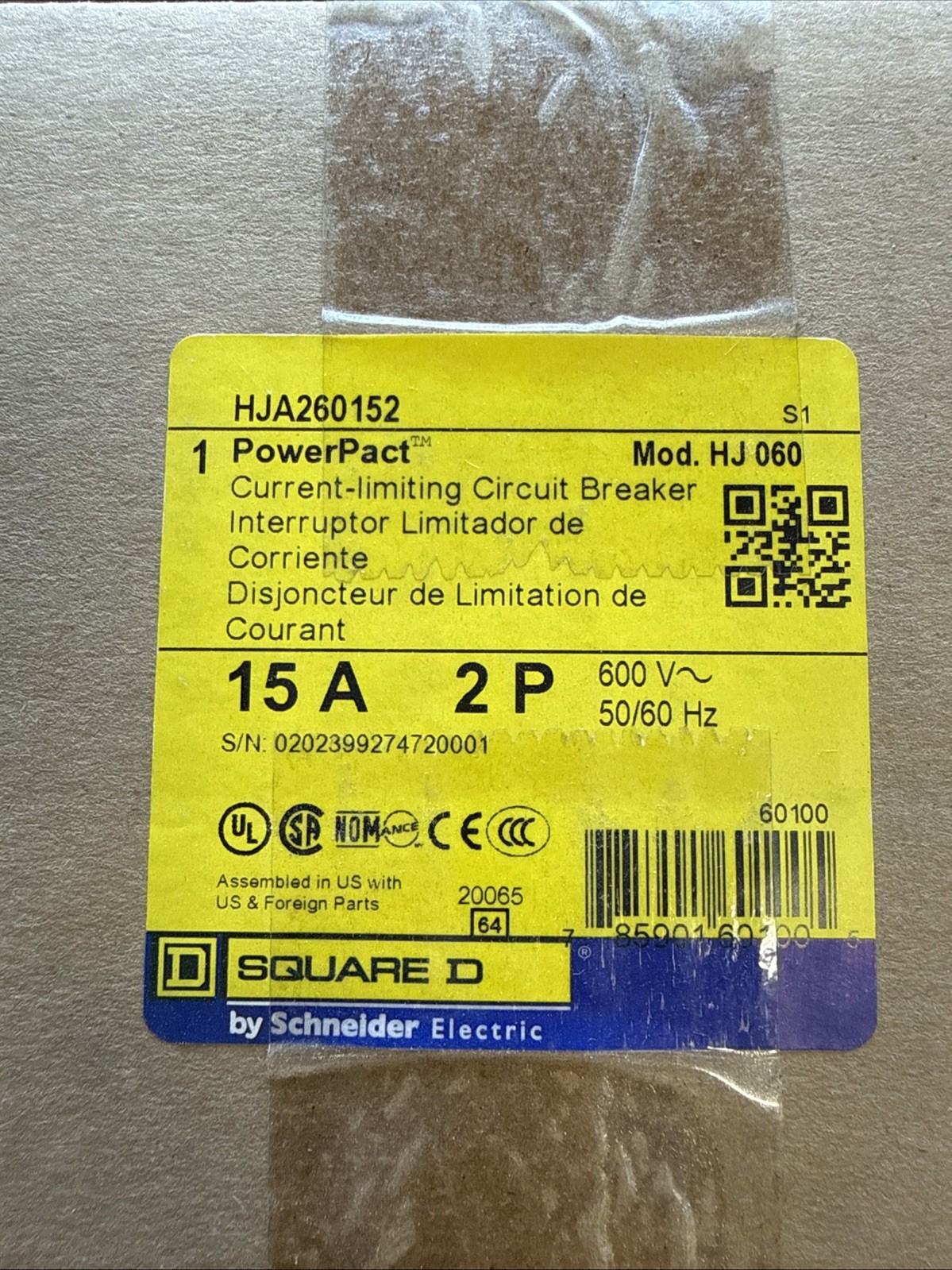 SQUARE D HJA260152 PowerPact Circuit Breaker 15A 2 Pole