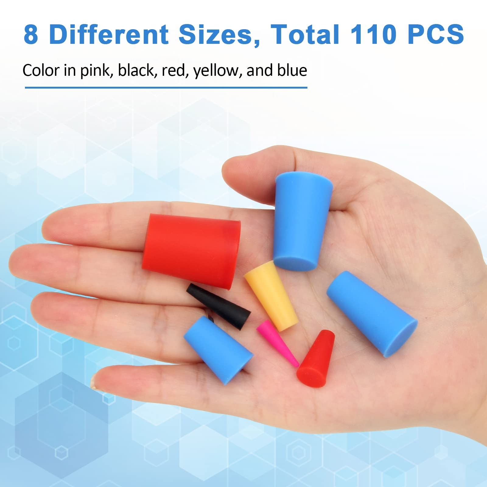 110PCS Silicone Rubber Tapered Plug, Pink, Black, Red, Yellow, Blue