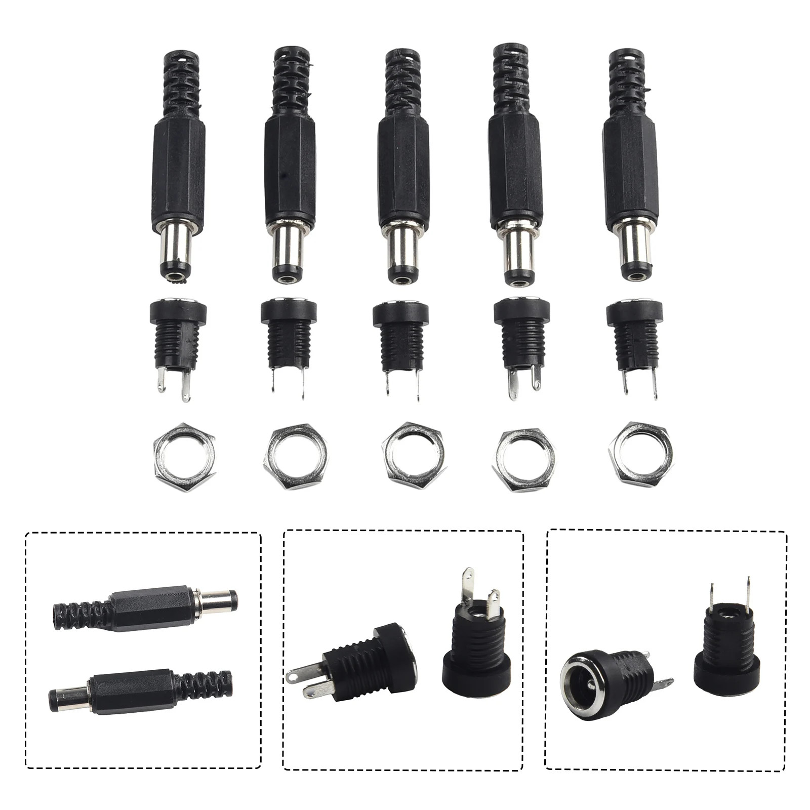 5 Pair DC 12V Male Female Socket Panel Mount Barrels Jack Plug Power Connector F