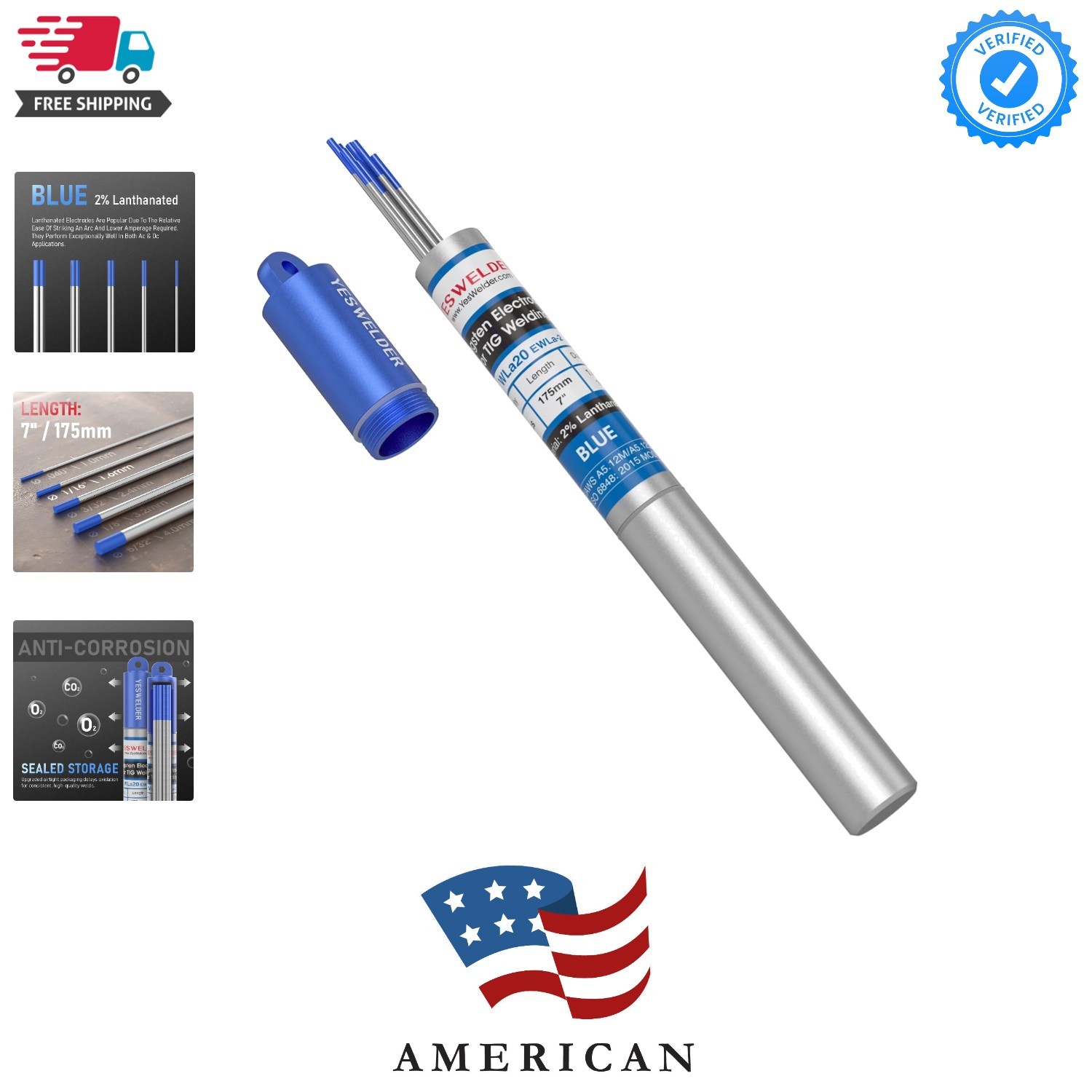 TIG Welding Tungsten Electrode 2% Lanthanated 1/16″ x 7″ Blue, WL20/EWLa-2 10-pk
