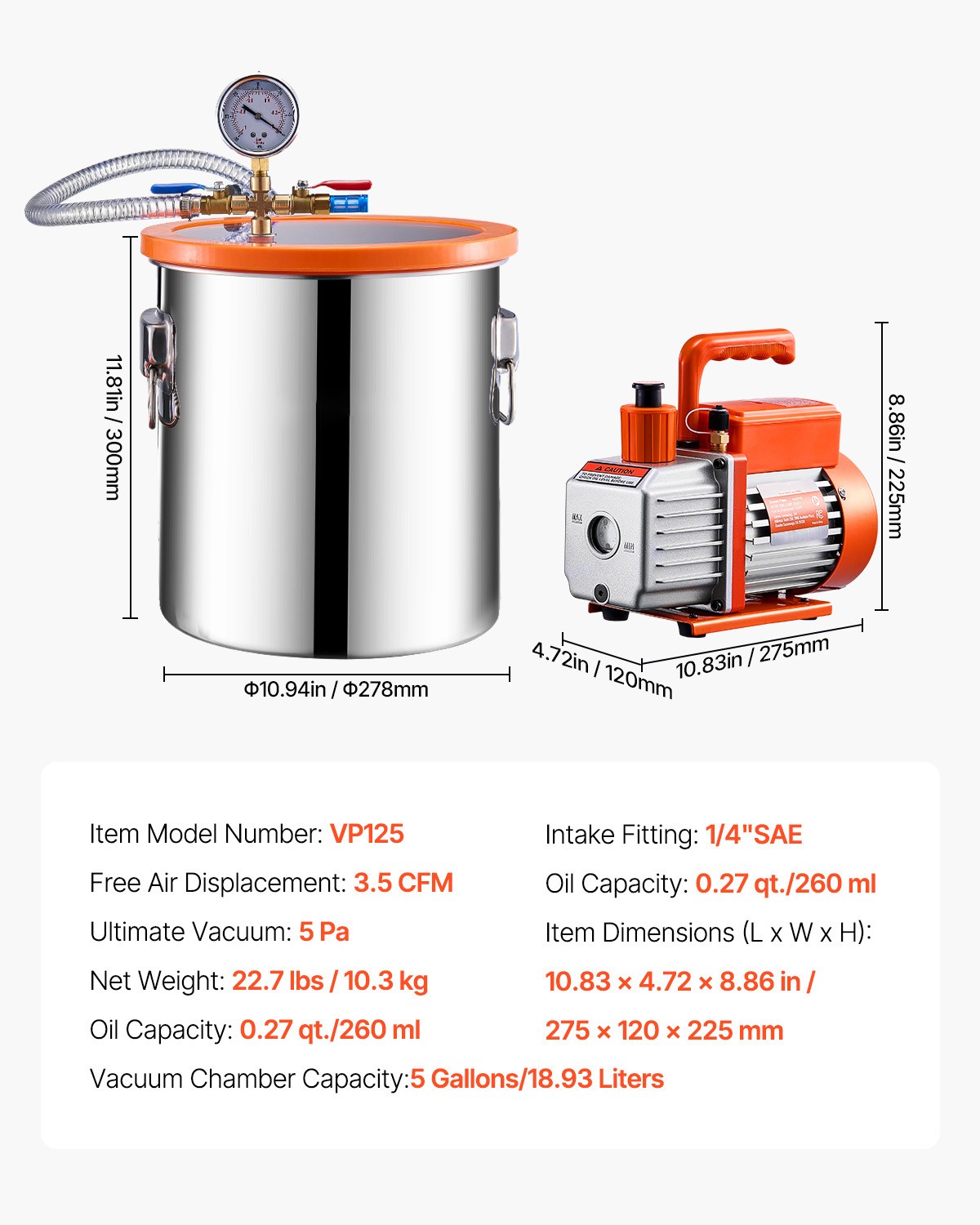 5 Gallon Vacuum Chamber 3.5CFM Single Stage Pump Degassing Chamber Kit