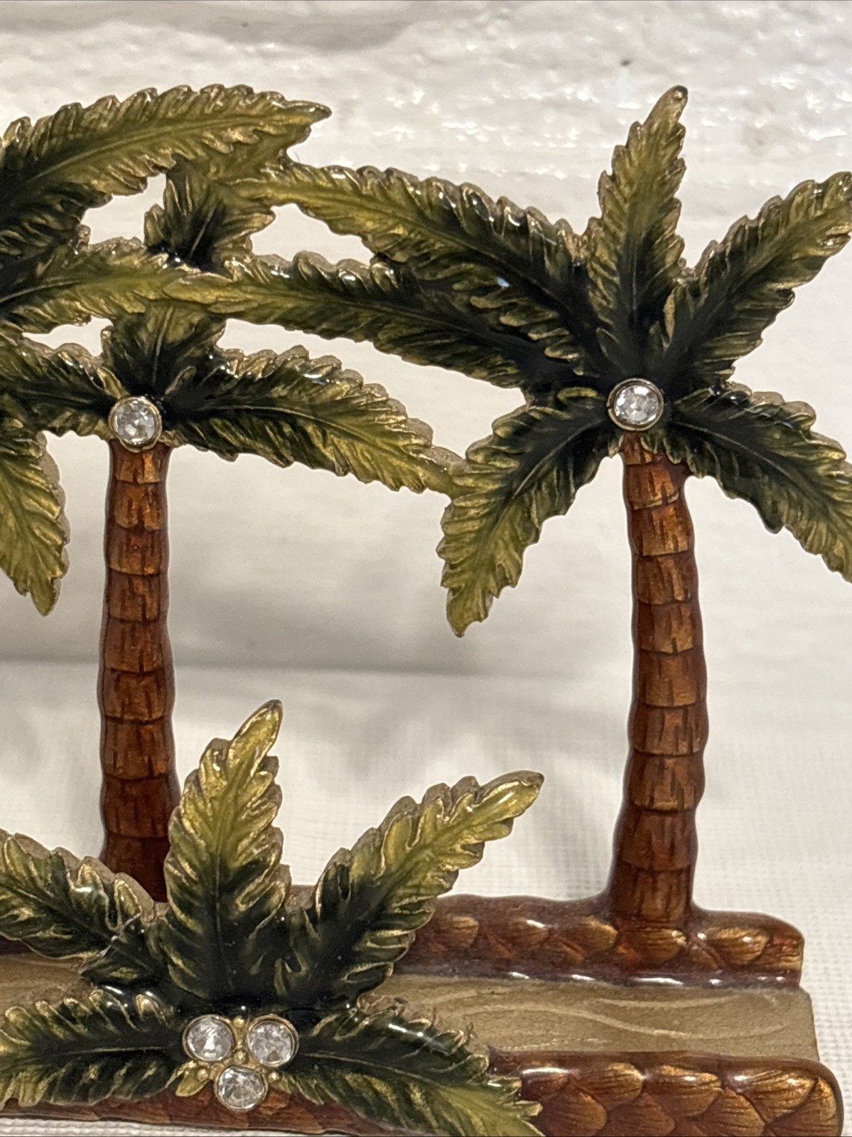 VTG Enamel Heavy Business Card Holder Desk Palm Trees Rhinestones Metal Art