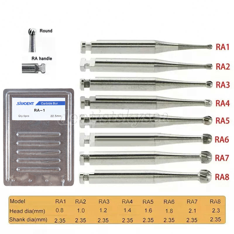 5Pcs Dental Round Carbide Bur for Slow Speed Latch Type RA 1# – 8# Burs