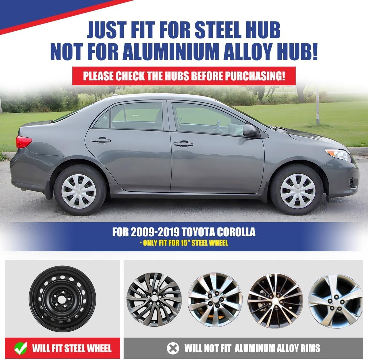15 Inch Hubcaps Fit for 2009-2019 Corolla Set of 4 ABS PC Material Lacquer
