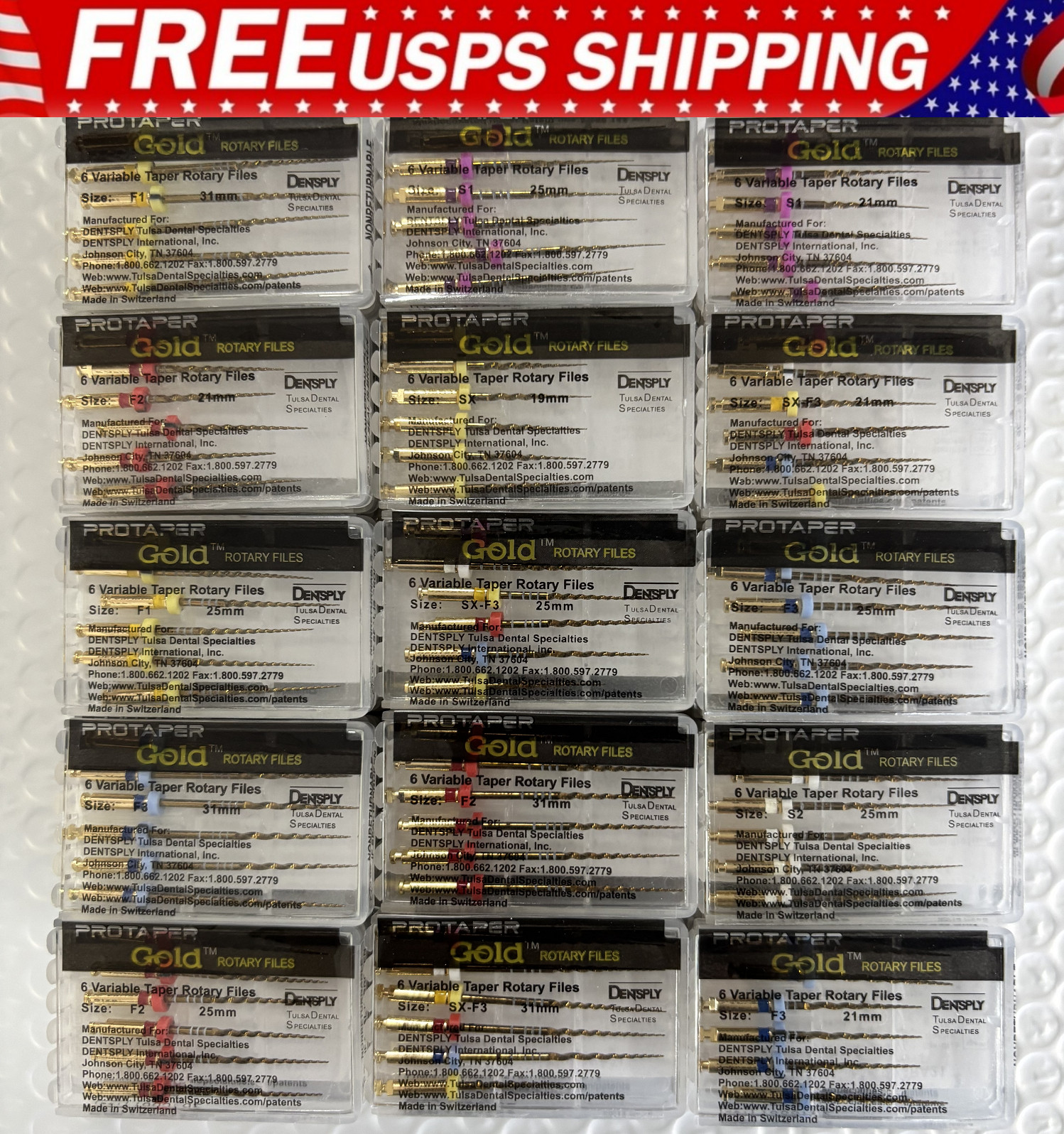 Dentsply ProTaper Gold Rotary Files Assorted Sizes 19/21/25/31mm Files 6/Pack US
