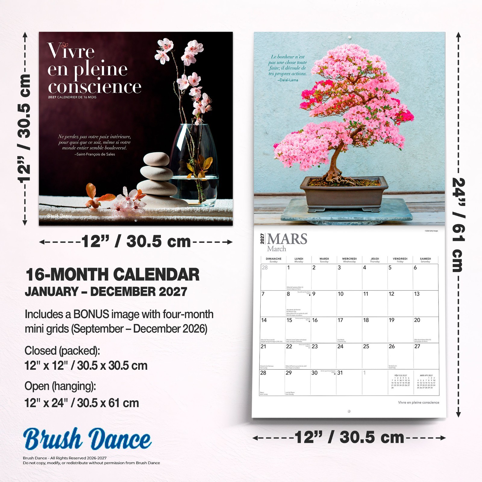 Vivre en pleine conscience | 2027 12×24″ (Hanging) Monthly Square Wall Calendar