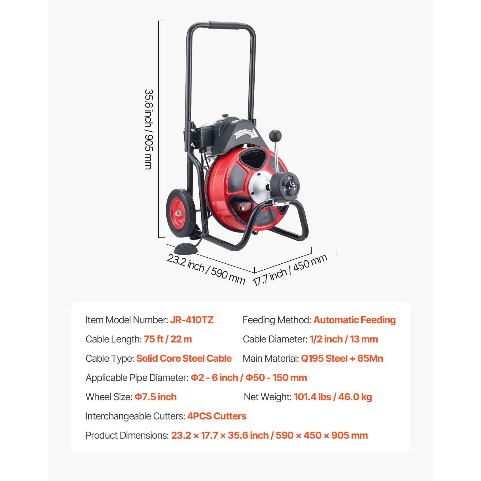 Uimoso Electric Drain Auger Machine with 75 FT x 1/2 In Cable and Auto Feed