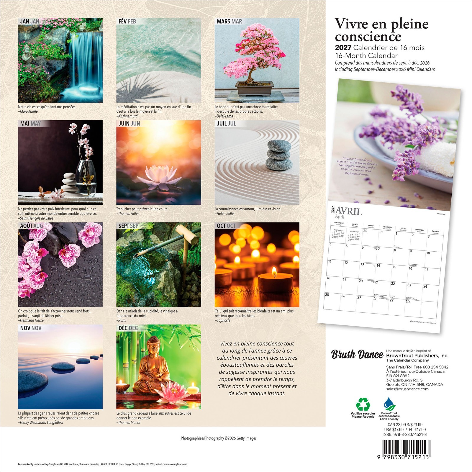 Vivre en pleine conscience | 2027 12×24″ (Hanging) Monthly Square Wall Calendar