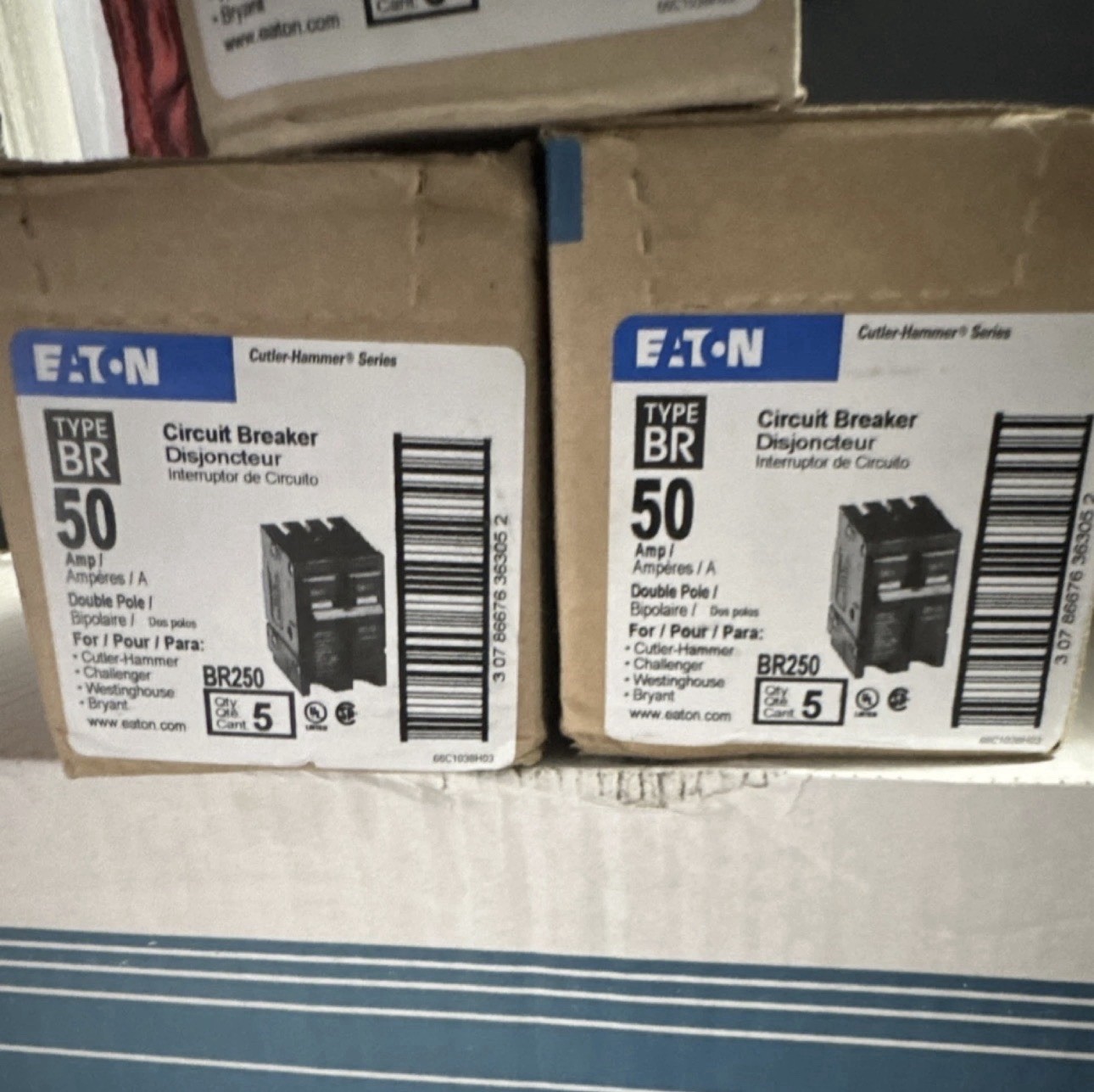 Eaton BR250 50 Amp 2-Pole Circuit Breaker Common Trip Plug-In/On Mount Pack of 5