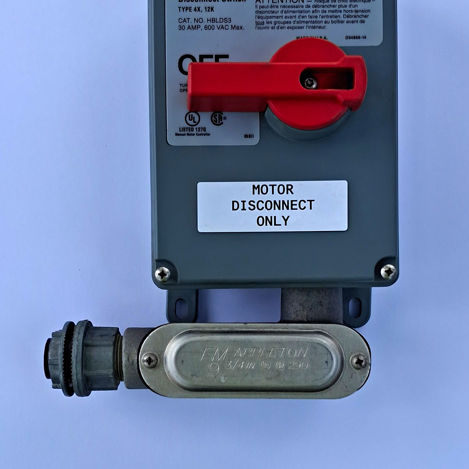 Hubbell Circuit-Lock Motor Disconnect Switch 30A 600VAC 3-Pole Lockable Gray/Red