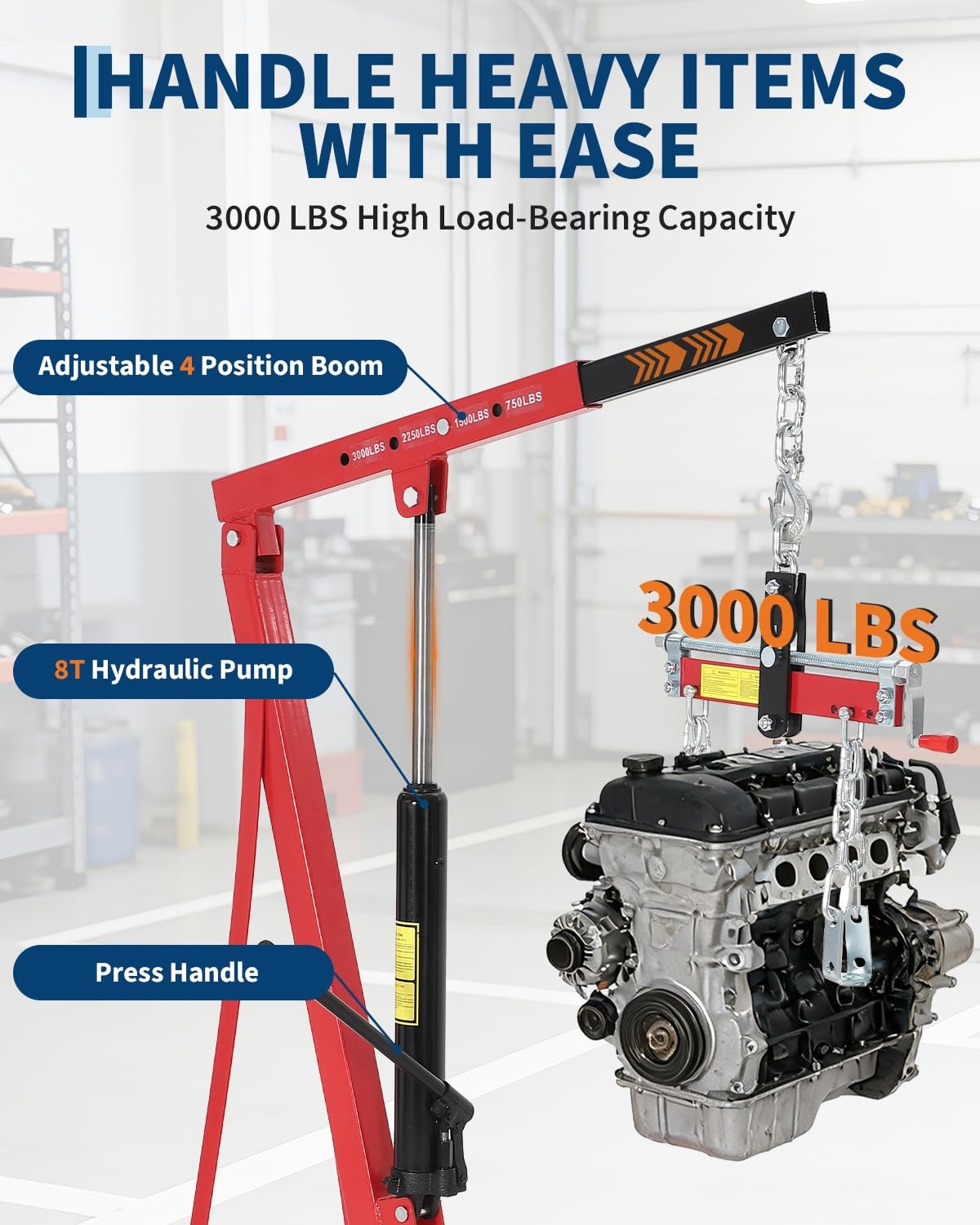Hydraulic Engine Hoist ,1.5 Ton Portable Cherry Picker Shop Crane Lift 3000 LBS