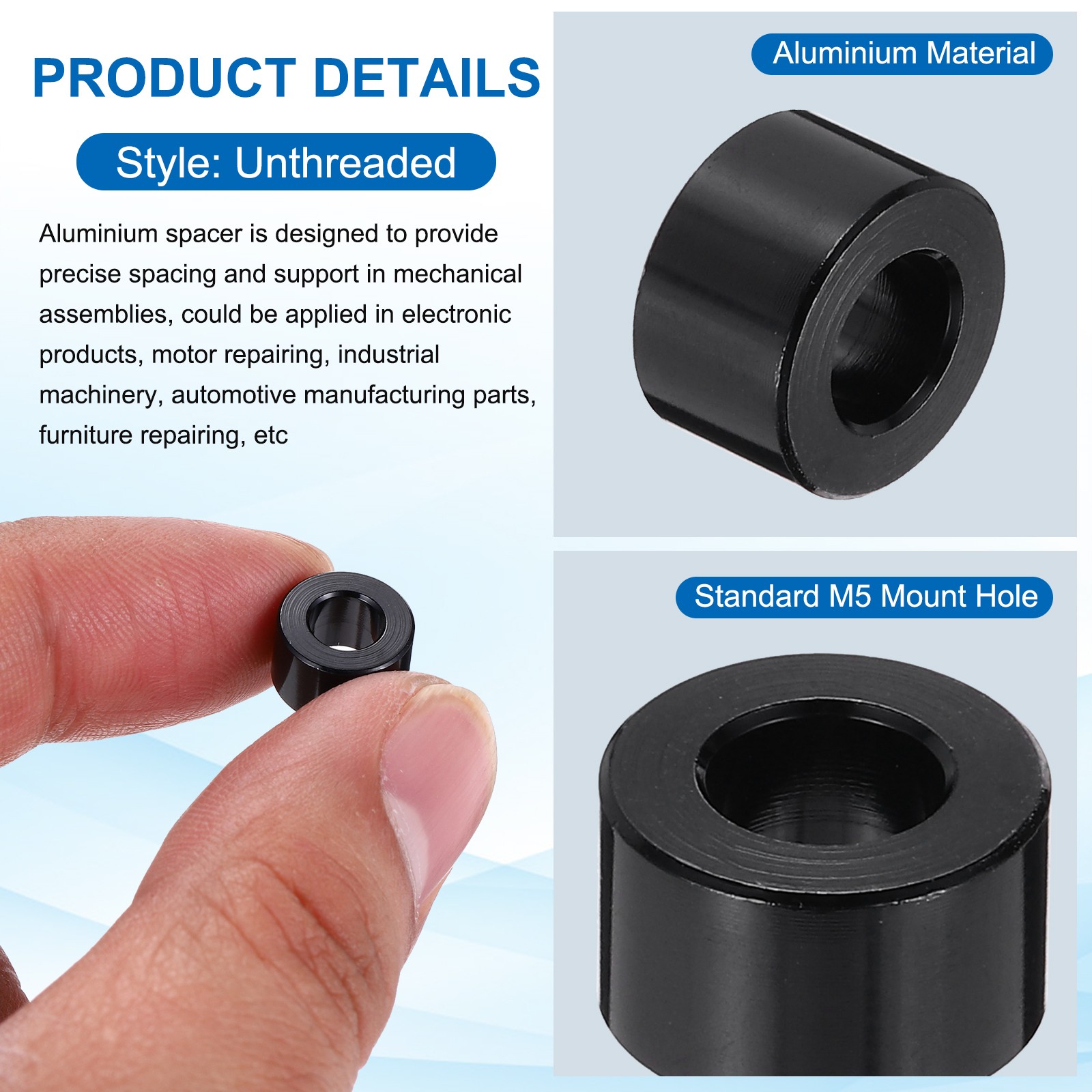 Aluminium Spacer, M5 3/16″ ID x 3/8″ OD x 1/4″ L, (Pack of 4)