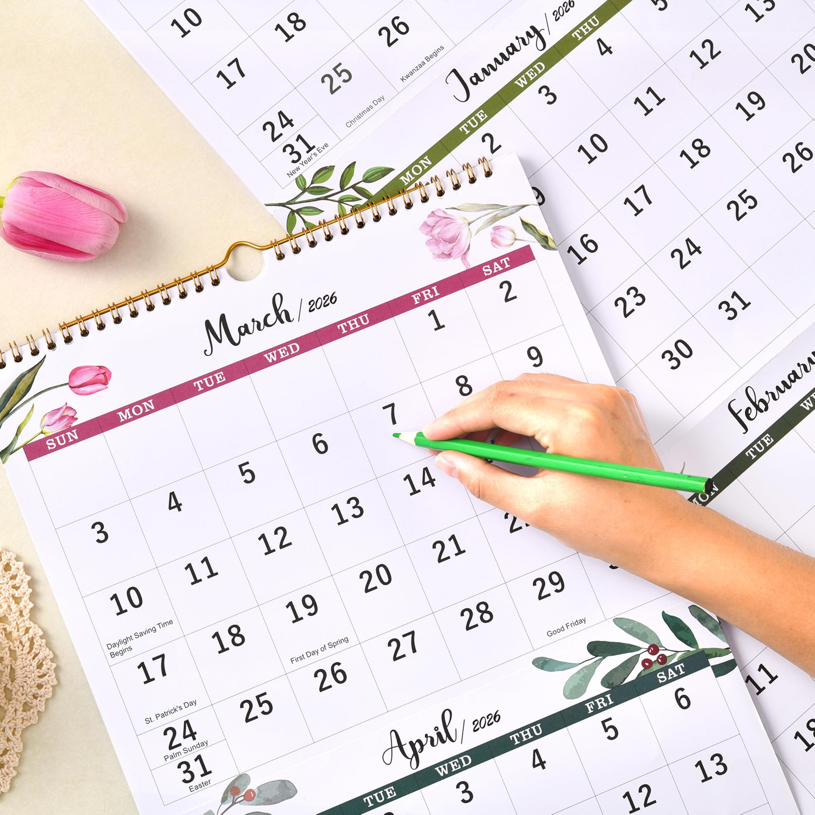 2026 Calendar – 3 Month Display Wall 2026, Jan. 2026 – Dec. green