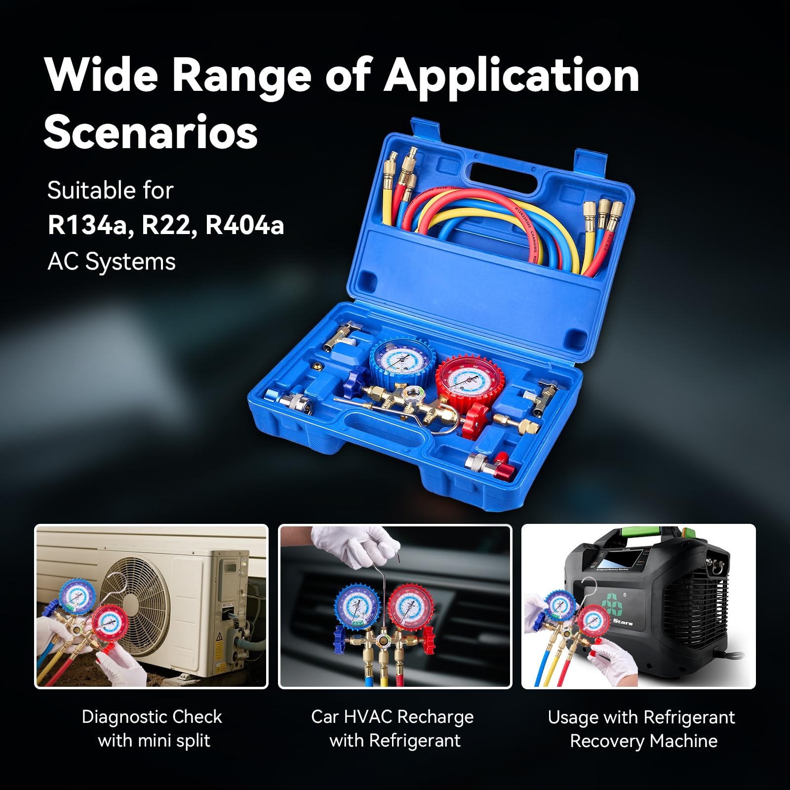 3Valve HVAC Manifold Gauge Set for R134a, R22 and R404A