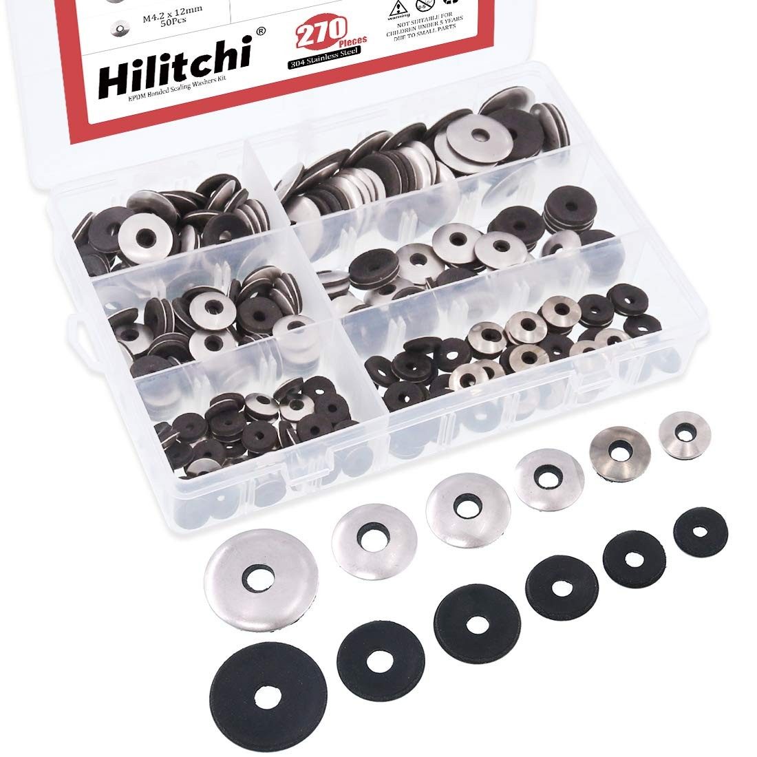 Hilitchi 270-Pcs #6#8#10#12 Stainless Steel Neoprene 4.2 millimeters, Silver