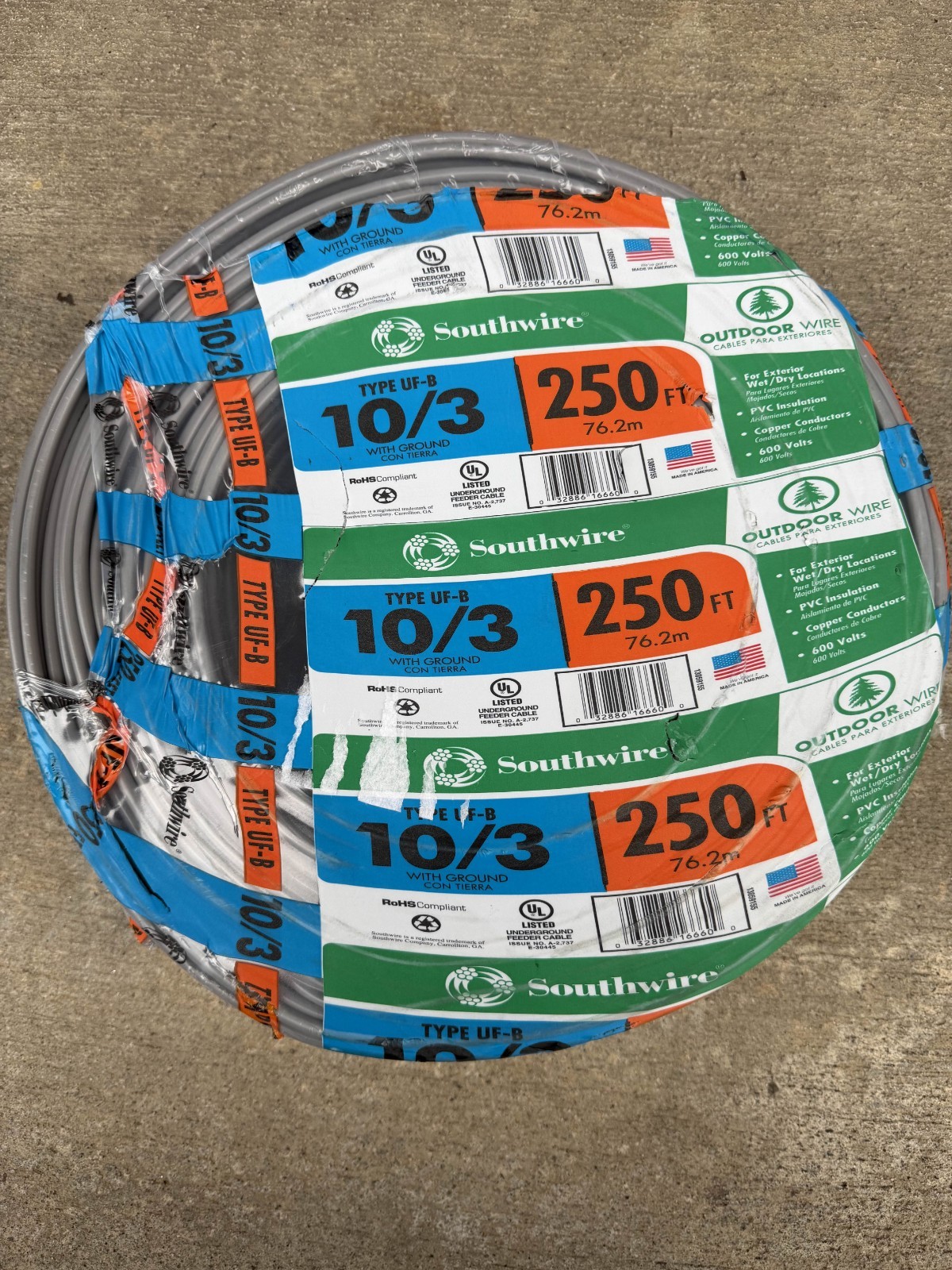 Southwire 250 Ft 10/3 Solid UF-B Wire W/G ( By-The-Roll )