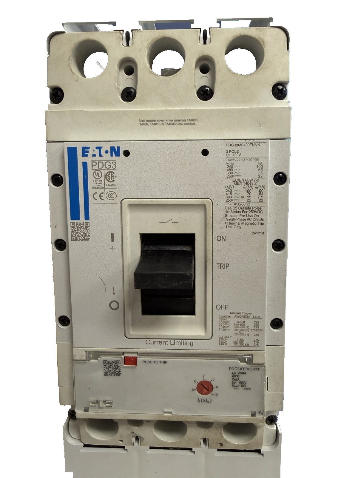 Eaton PDG33M0400FNNN Power Defense 3-Pole 400A Frame 250A Trip Unit 600Vac