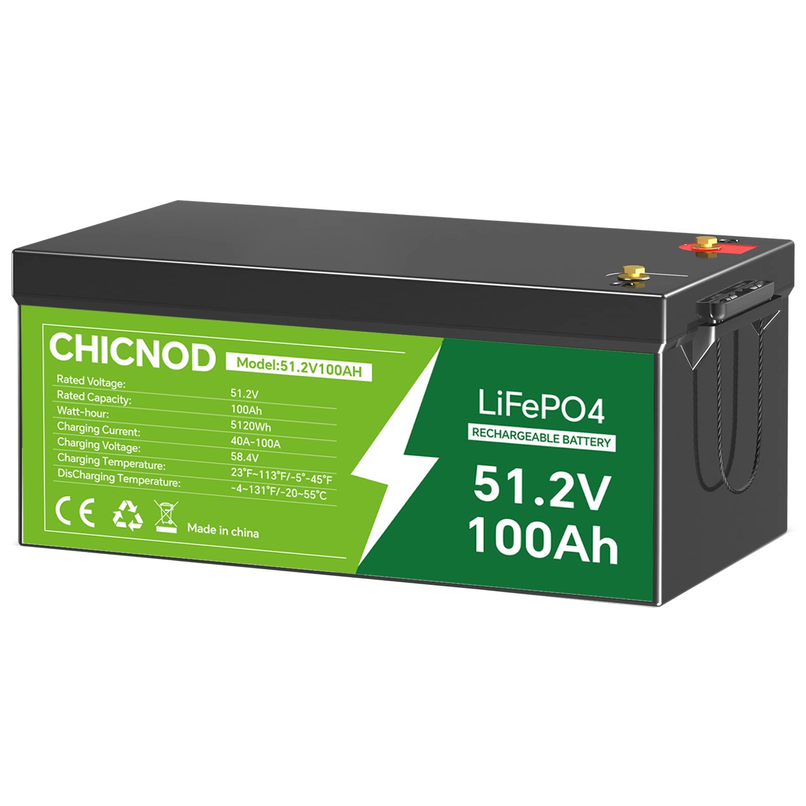 Bluetooth LiFePO4 Battery 51.2V 100Ah Golf Car Solar RV Backup Power BMS CHICNOD