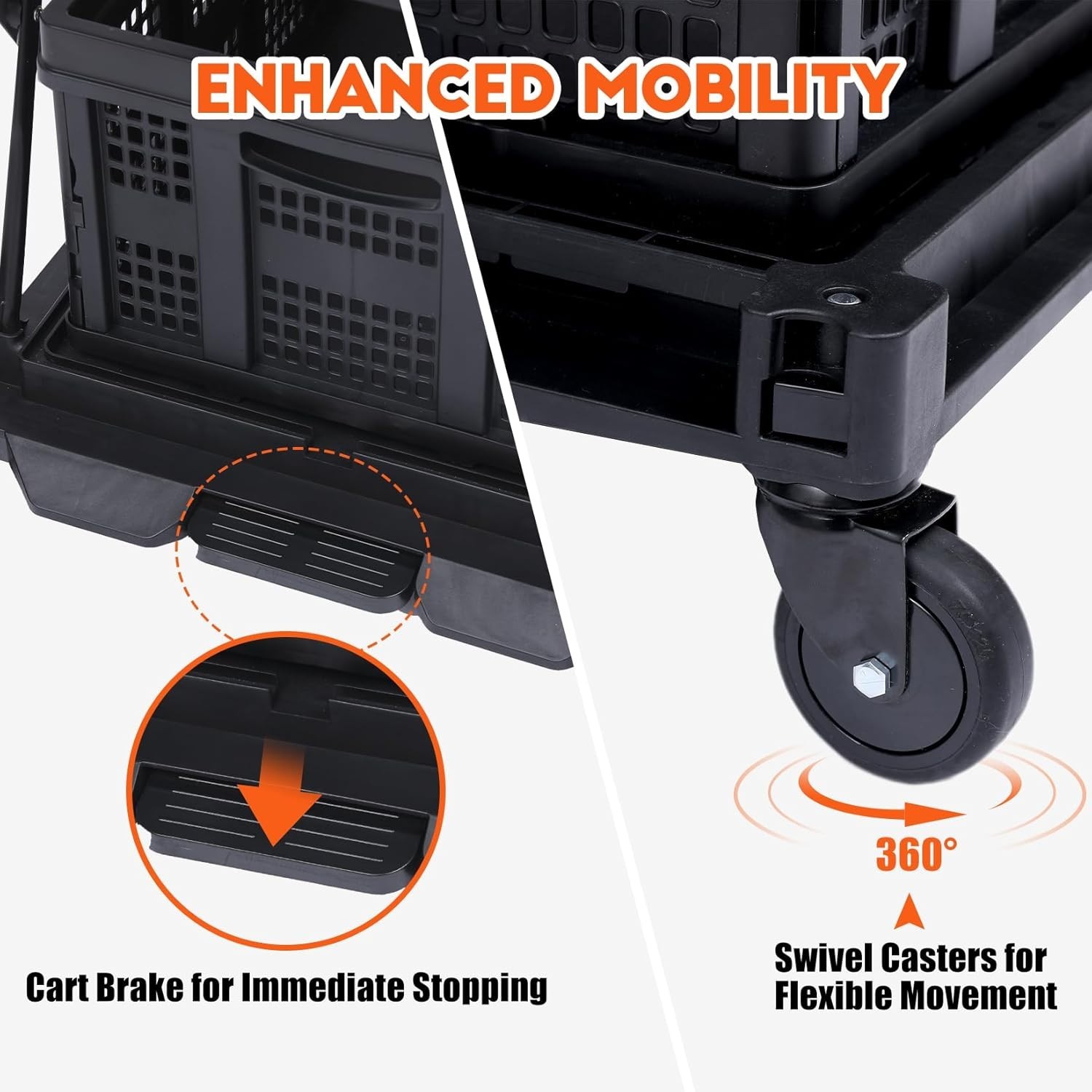 Folding Shopping Cart With Wheels Collapsible Cart with Storage Crate 2-Layer