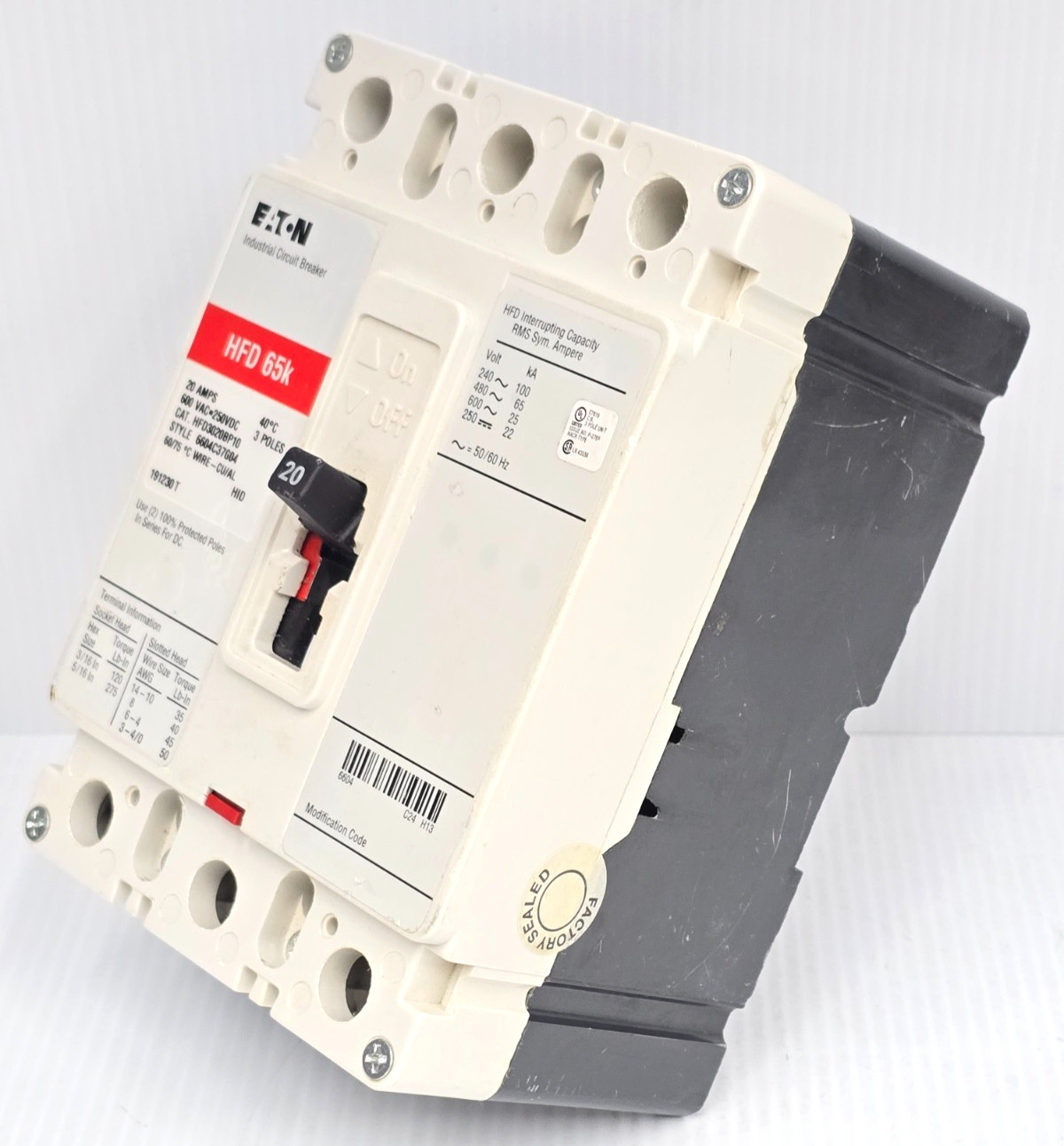 Eaton 20 Amp Industrial Circuit Breaker 600 VAC 3 Pole 100 kA HFD3020BP10