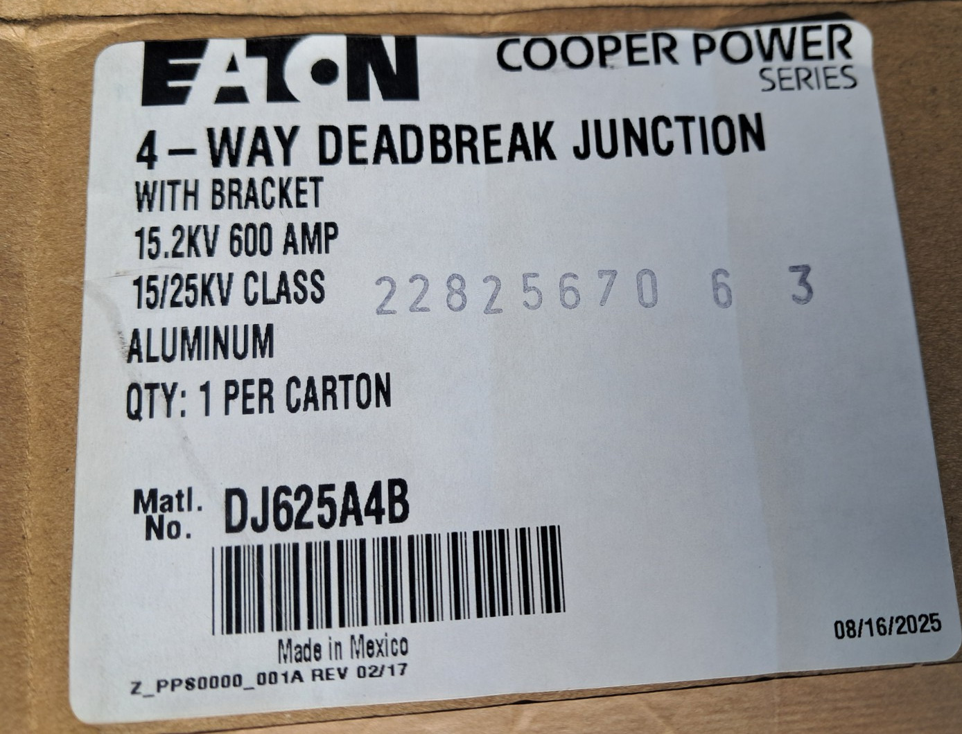 Eaton DJ625A4B 4-Way Loadbreak Junction 15.2kV 600A w/ Bracket NEW Cooper Power