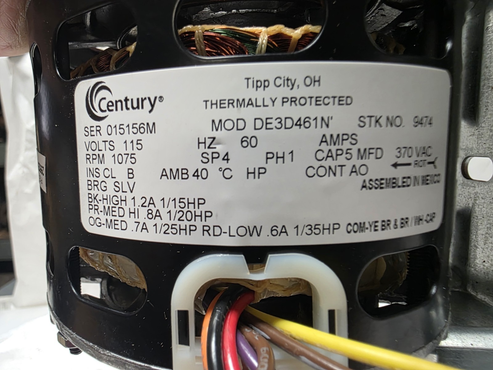Century Cat 9474 1ph 1075 RPM 1/15 hp 42Y Fr. 115v. 4 Speed Motor