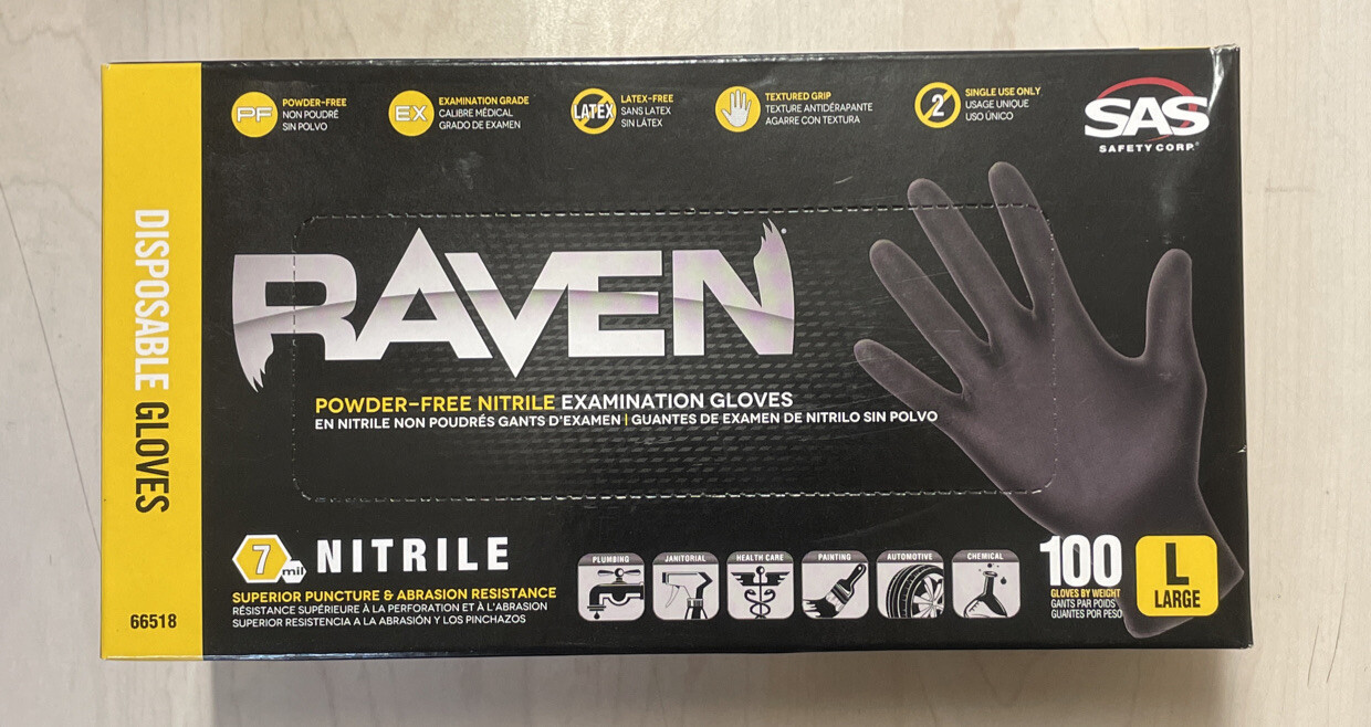 SAS Safety 66518 Raven Nitrile 6 Mil Large Disposable Gloves, Black – 100 Count