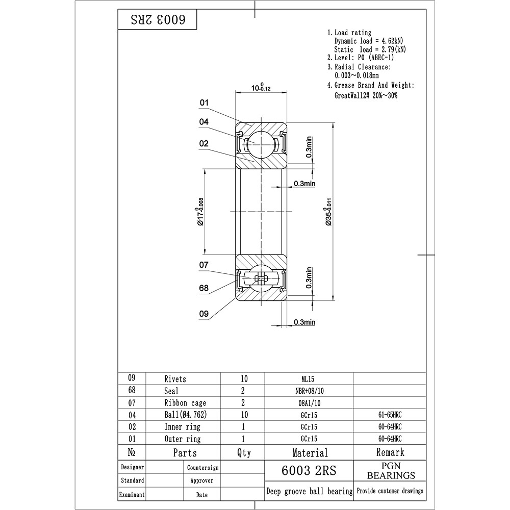 (10) 6003-2RS Premium Rubber Seal Ball Bearing C3 EMQ, 17x35x10, 6003 2RS 6003rs