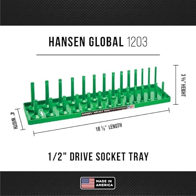 Hansen 6pc Socket Organizer Tray Rack Holder Metric SAE 1/4″ 3/8″ 1/2″ Green