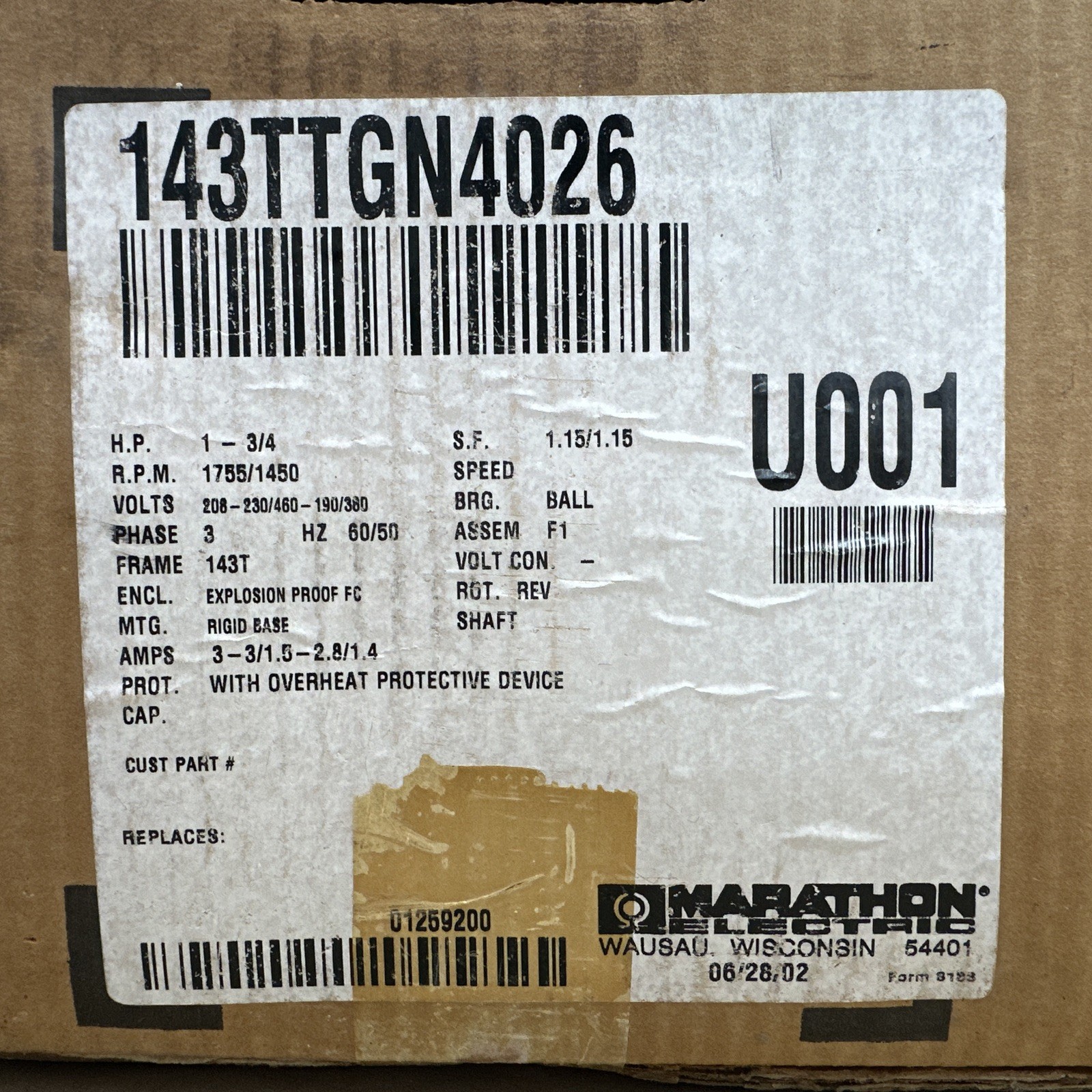 MARATHON Electric 143TTGN4026 1HP/0.75HP Blue Chip Severe Duty 1755/1450RPM 🇺🇸