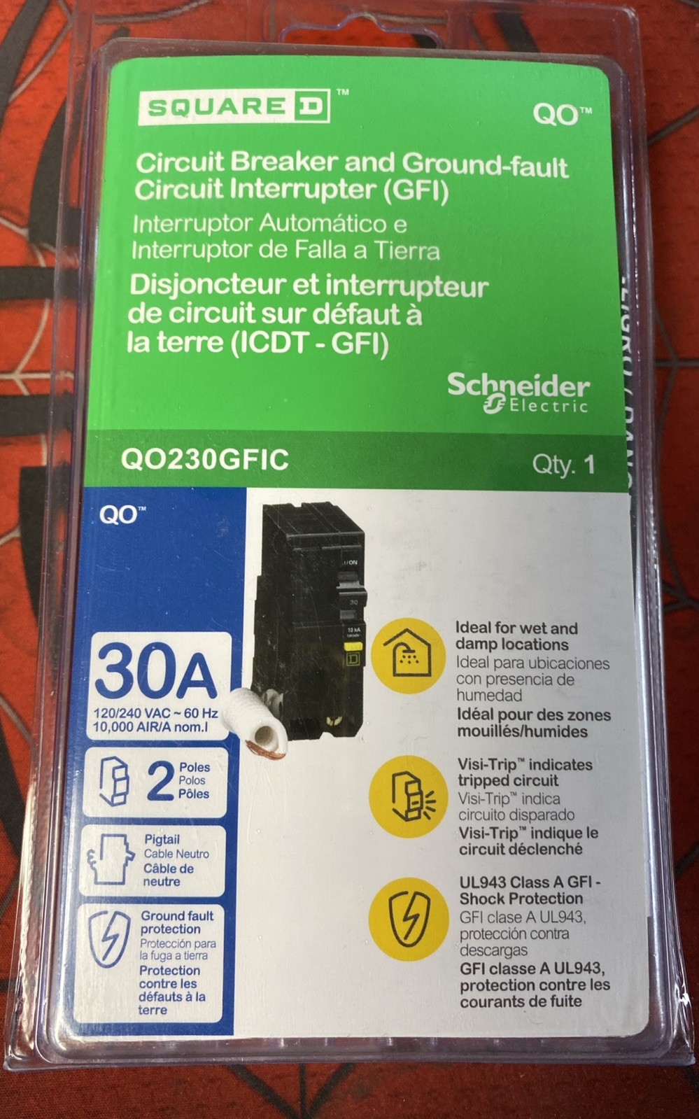 NEW – Square D QO230GFIC 30-Amp 2-Pole Ground Fault Circuit Breaker Interrupter