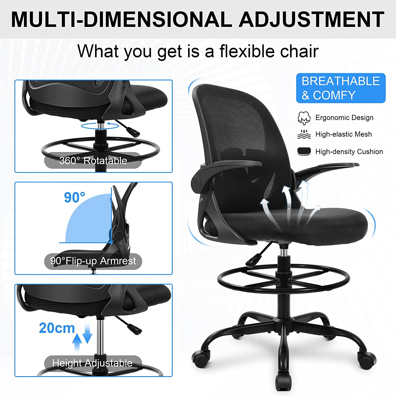 Drafting Chair Tall Office Chair with Flip-Up Armrests Executive Ergonomic Compu